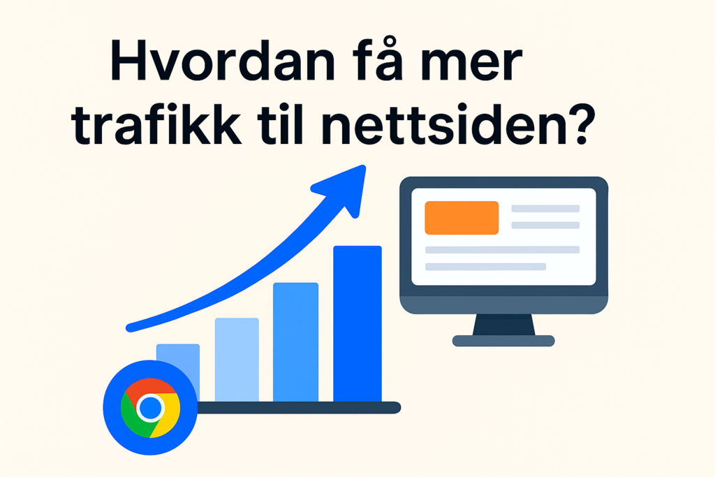 Illustrasjon som viser hvordan få mer trafikk til nettsiden, med graf og dataskjerm.